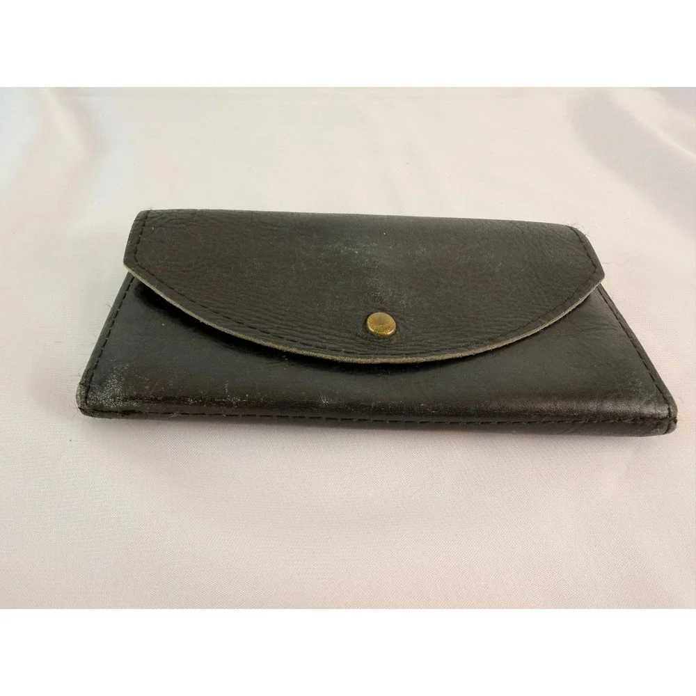 Vintage Black Leather Trifold Wallet Distressed Brass Snap Coin Pocket Biker
